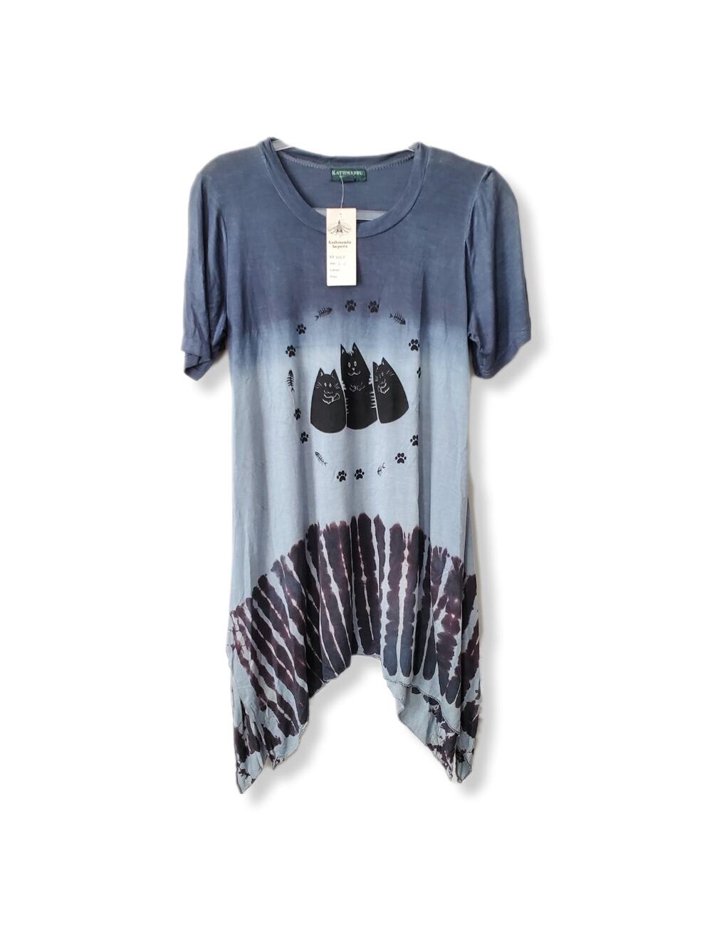 Women Kathmandu Gray Ombre Kitty Cat Tunic Top M Artsy Boho Whimsy Grunge NEW
